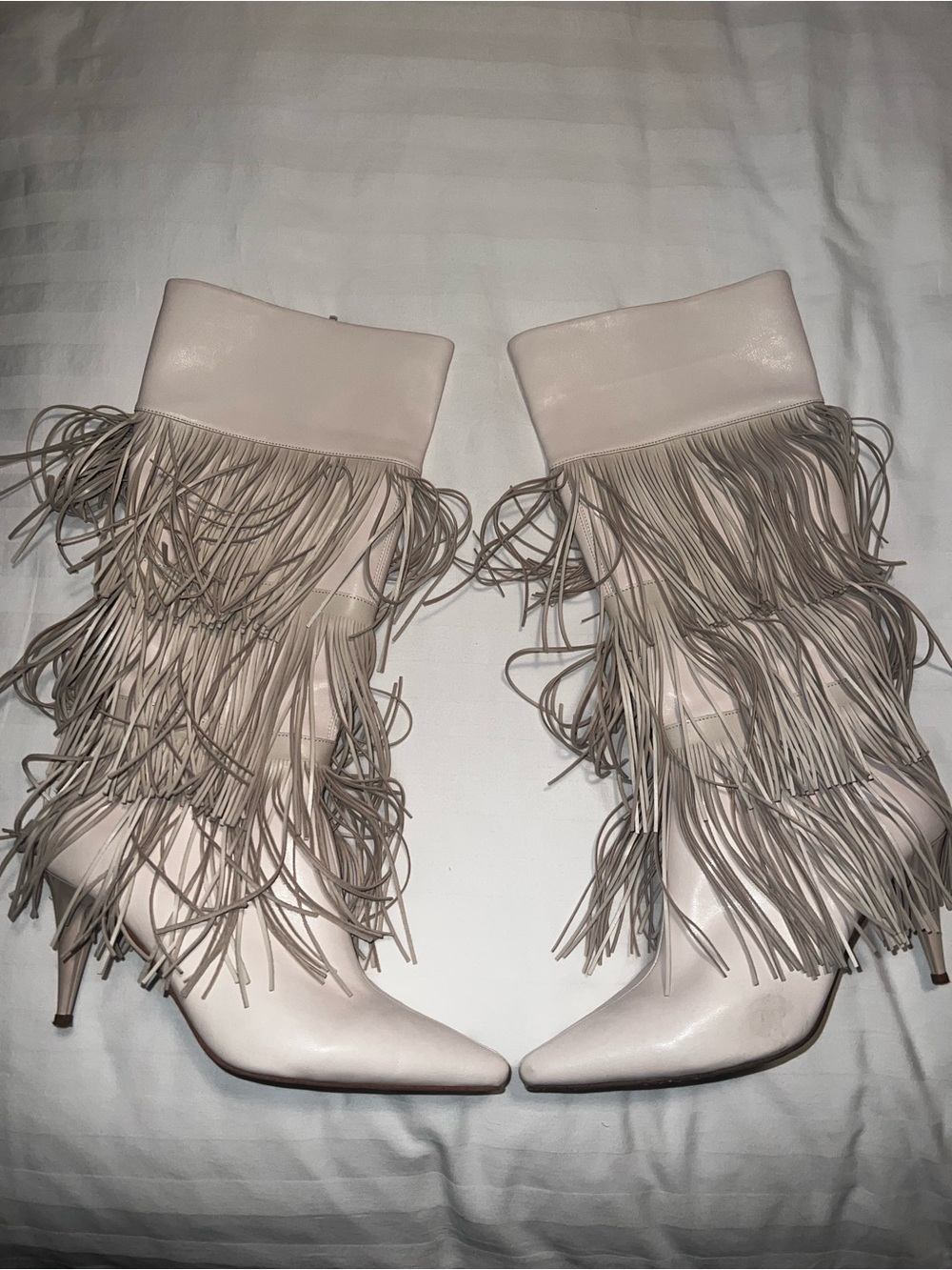 Fringe High-Heel Ankle Boots in Light Beige - Women's Fashion Boots